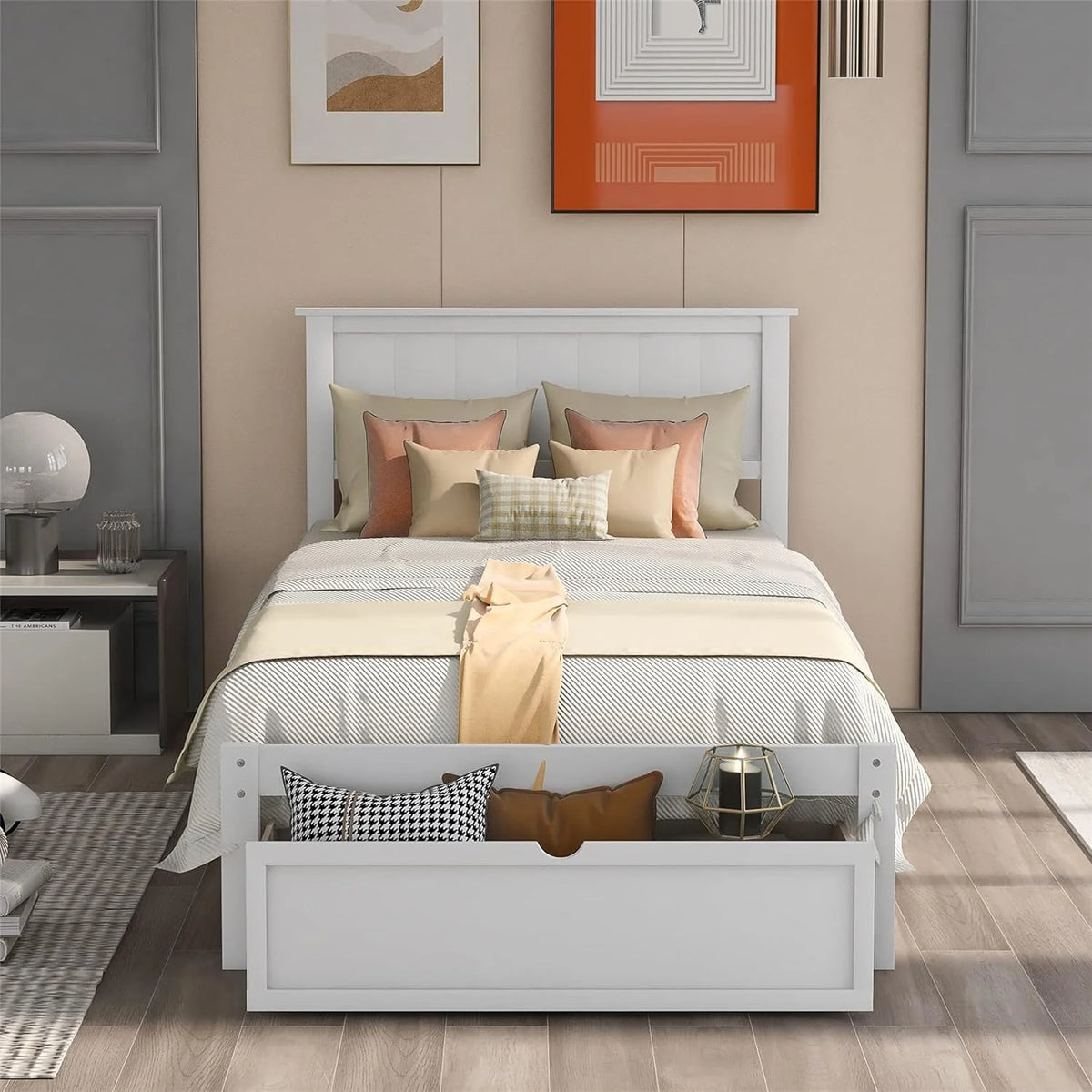 White Wood Bed with Drawers and Headboard L23428
