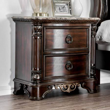 Brown Traditional Wood Carved Marble Nightstand X5171