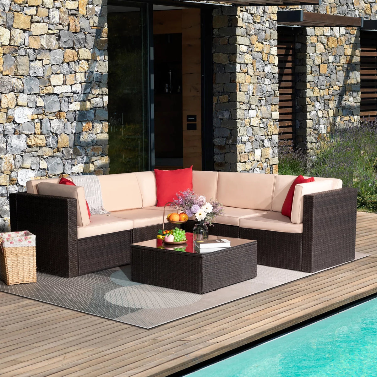 6 Piece PE Rattan Wicker Sofa Set with Cushions and Glass Table K662695