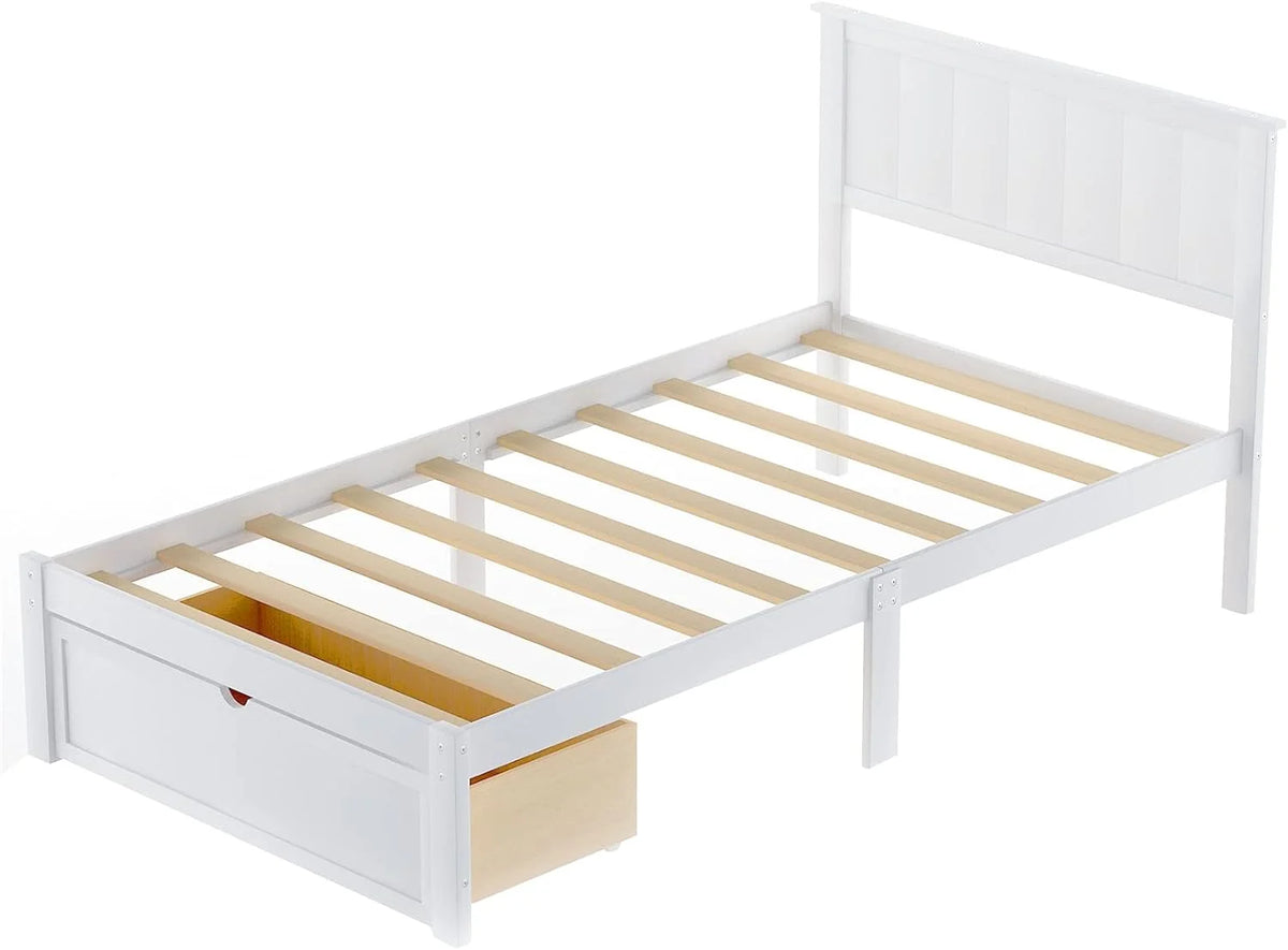 White Wood Bed with Drawers and Headboard L23428