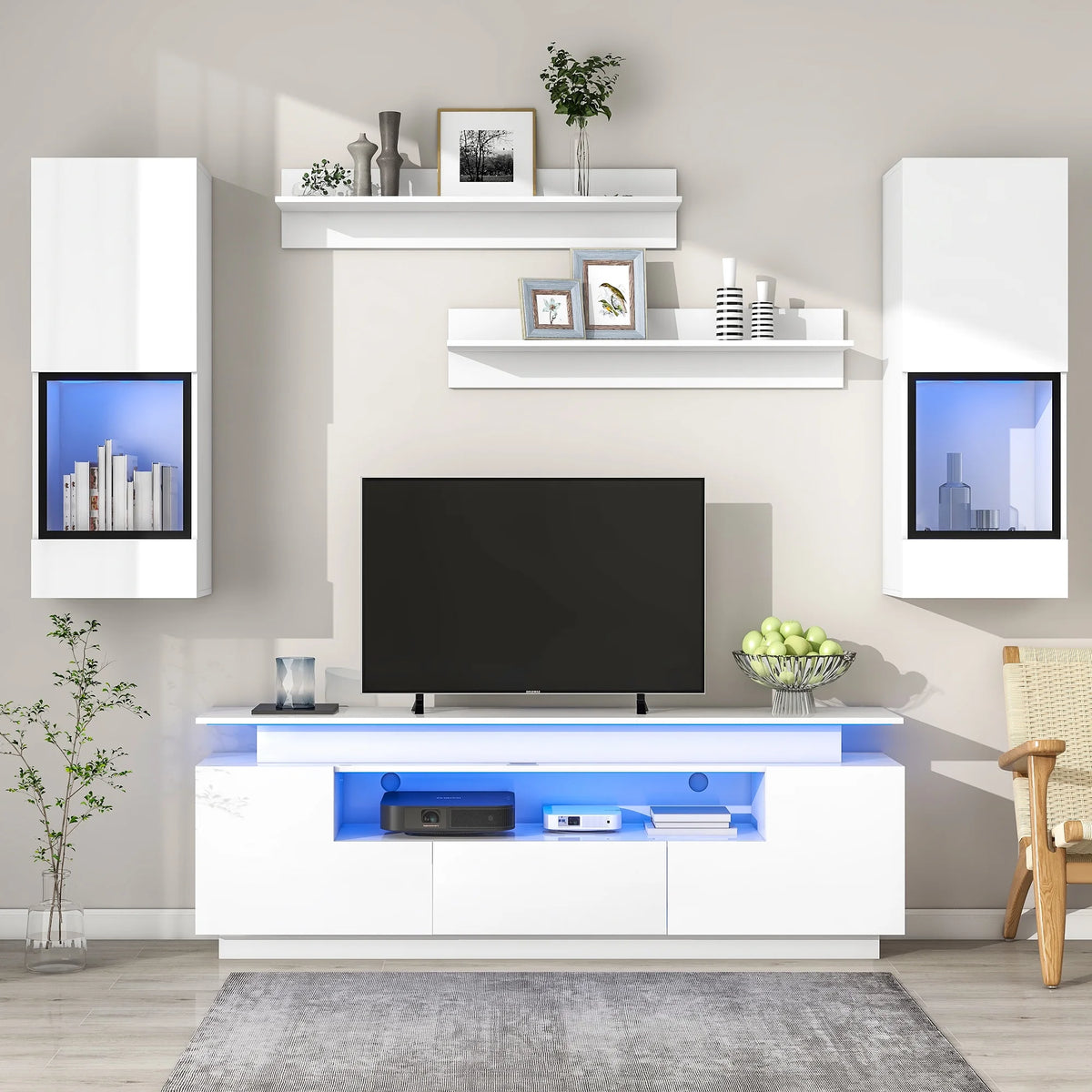 White High Gloss Wall Mounted TV Stand with LED Light Strips C9299