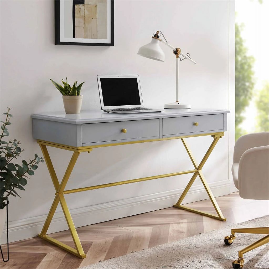Gray Two Drawer Wood and Metal Desk X9760