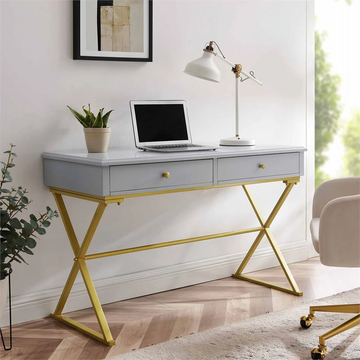Gray Two Drawer Wood and Metal Desk X9760
