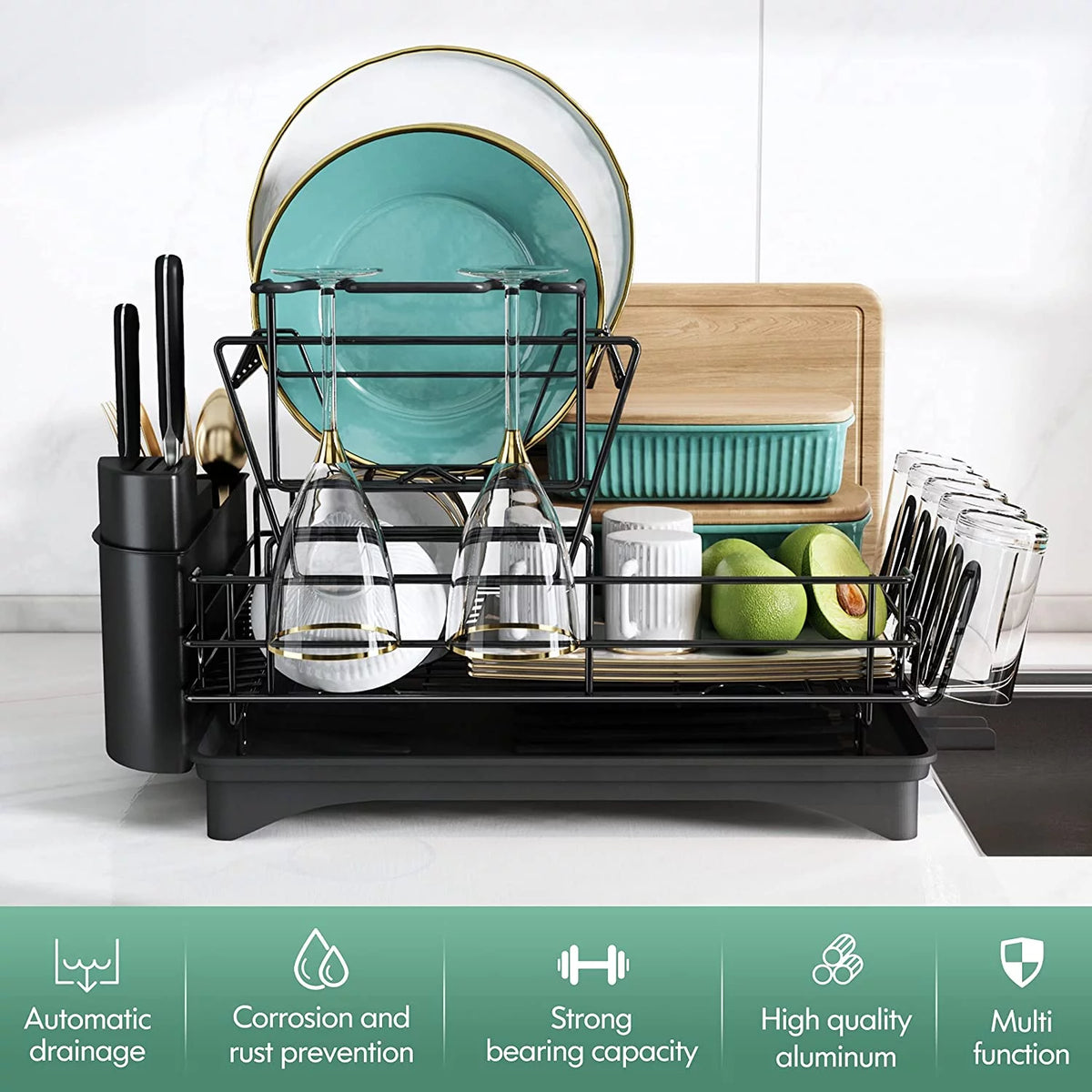 Large 2 Tier Black Dish Drying Rack with Drainboard Set I672493