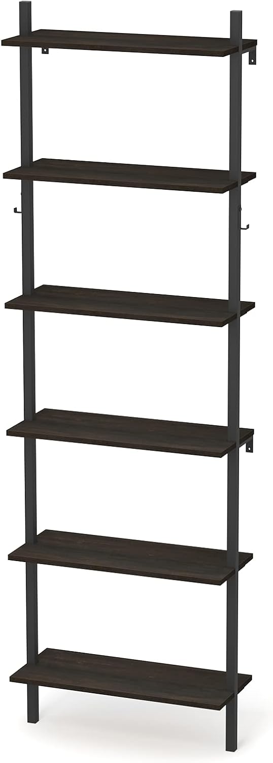 Wall Mounted 6-Tier Open Bookshelf with Hooks I399