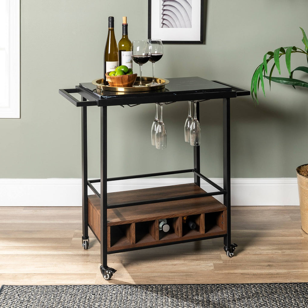 Faux Marble Serving Bar Cart with Dark Walnut Base Y71672