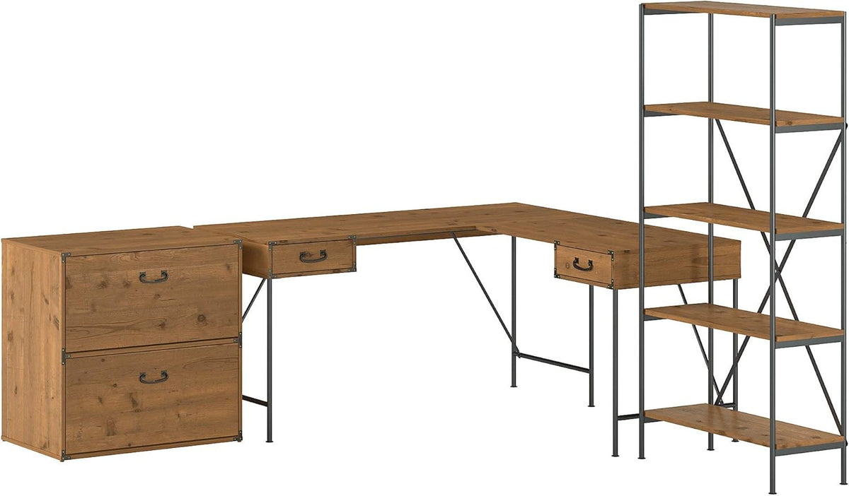 Vintage Golden Pine Writing Desk with File Cabinet and Bookcase L142467
