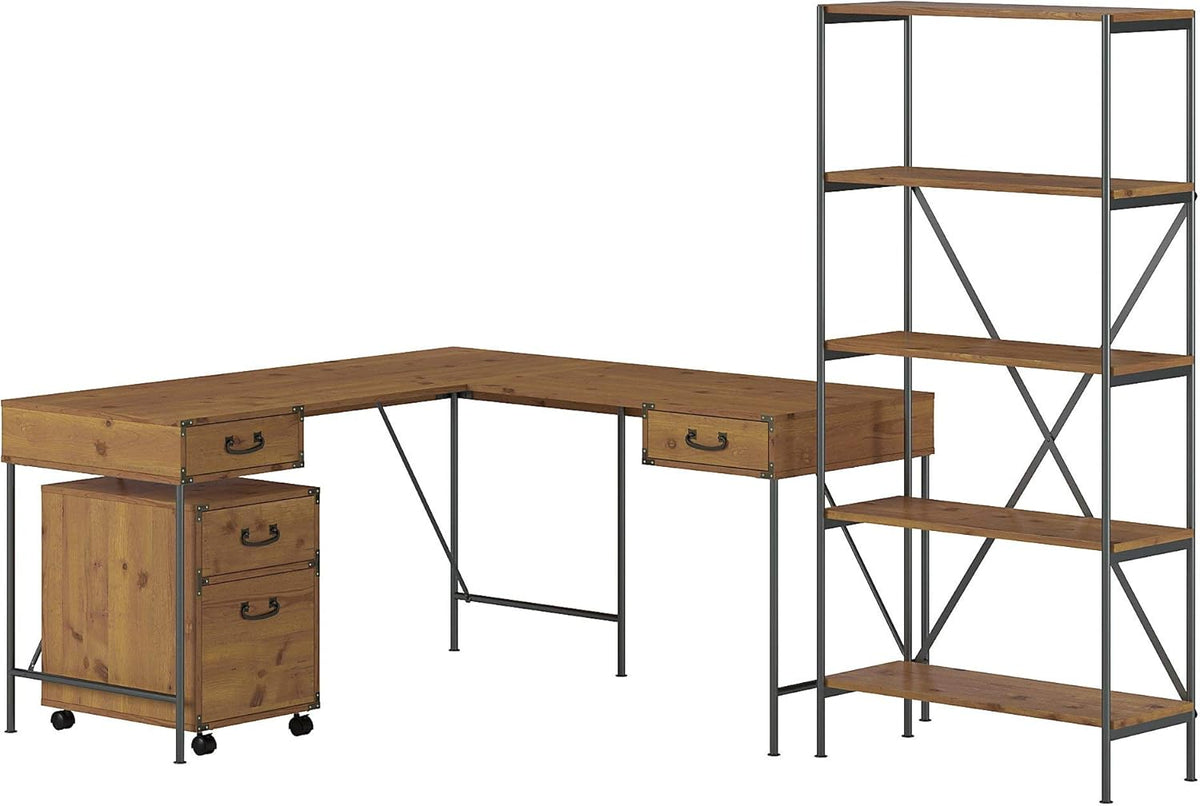 Vintage Golden Pine Writing Desk with File Cabinet and Bookcase L142467