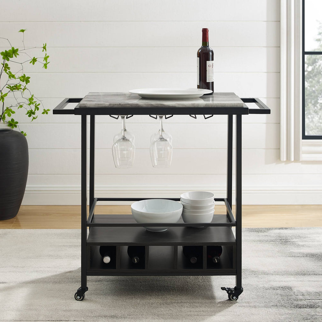 Faux Marble Serving Bar Cart with Dark Walnut Base Y71672
