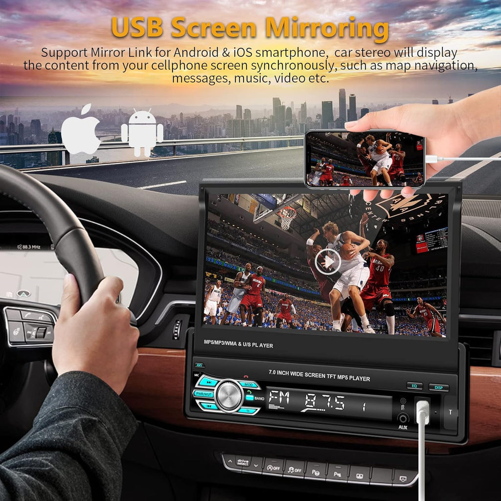 Single Din Car Stereo with CarPlay Android Auto Bluetooth Backup Camera 7” Flip Out Touch Screen Z378