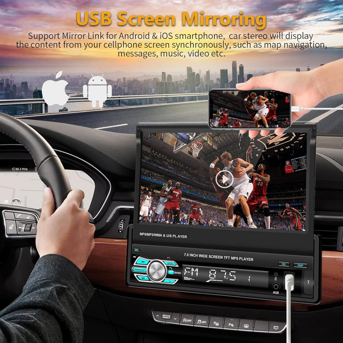 Single Din Car Stereo with CarPlay Android Auto Bluetooth Backup Camera 7” Flip Out Touch Screen Z378