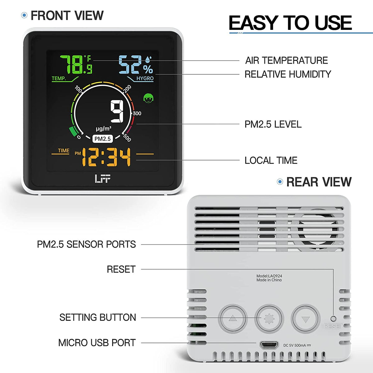 Indoor Air Quality Monitor PM2.5 Temperature Humidity Meter C30347