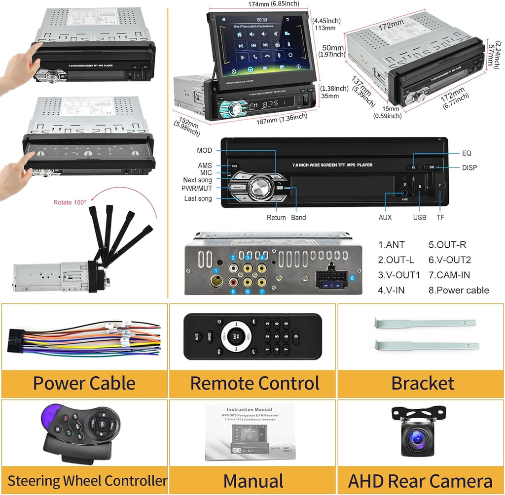 Single Din Car Stereo with CarPlay Android Auto Bluetooth Backup Camera 7” Flip Out Touch Screen Z378