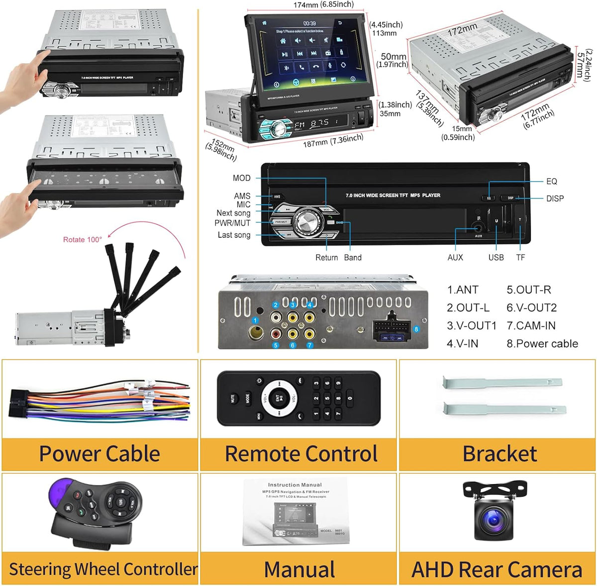 Single Din Car Stereo with CarPlay Android Auto Bluetooth Backup Camera 7” Flip Out Touch Screen Z378