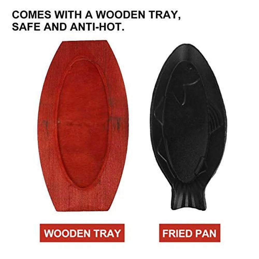Cast Iron Fish Shaped Frying Pan with Wood Base J88949