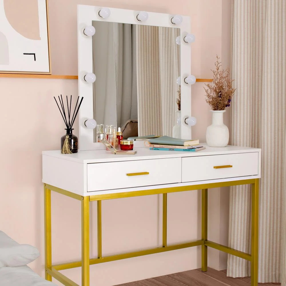 White Wooden Makeup Vanity with 9 LED Lights and 2 Drawers U412