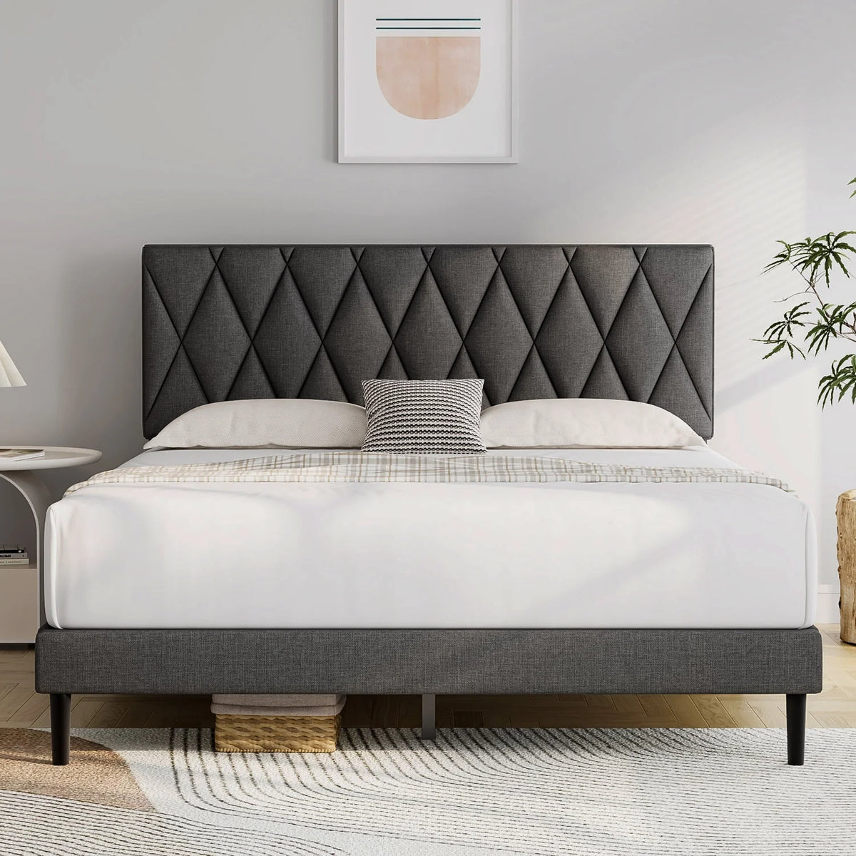 Queen Size Platform Bed with Upholstered Headboard T32203