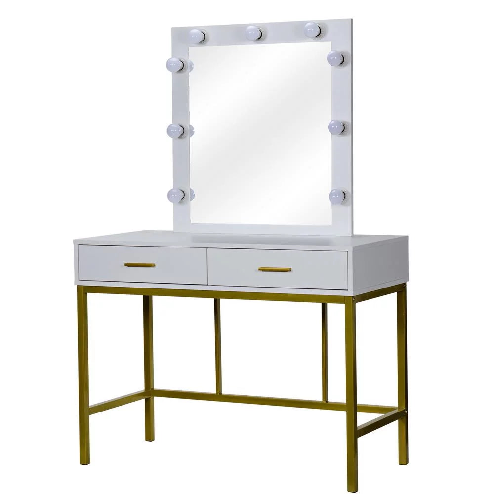 White Wooden Makeup Vanity with 9 LED Lights and 2 Drawers U412
