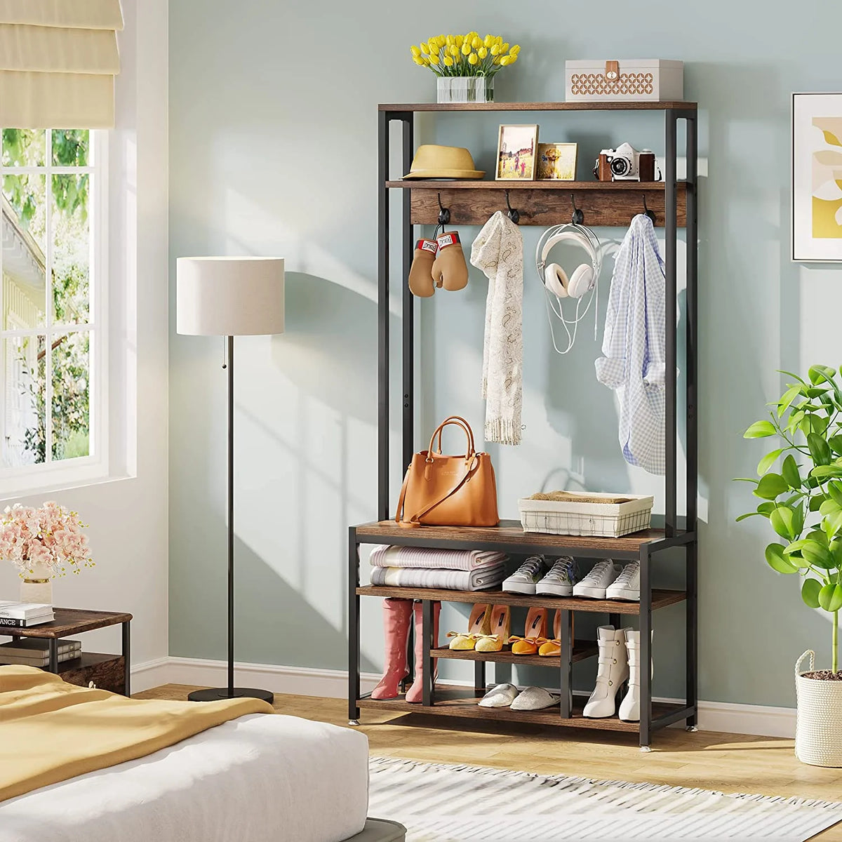 Industrial Coat Rack with Bench and Shoe Rack J211613