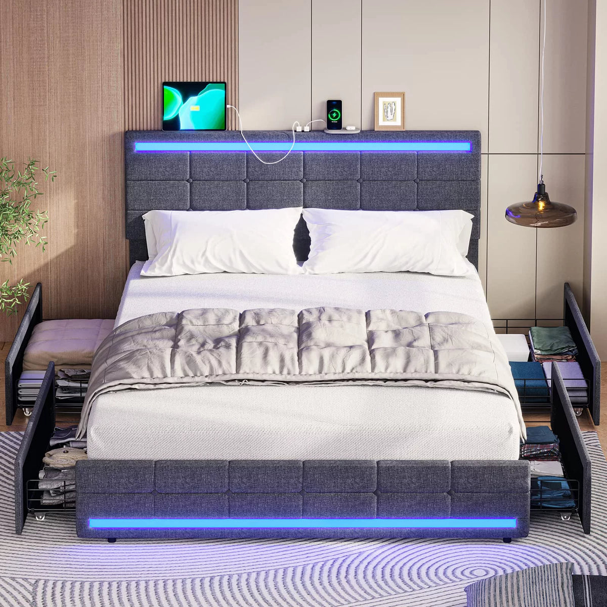 Full Size LED Bed Frame with Headboard and Storage Drawers B253