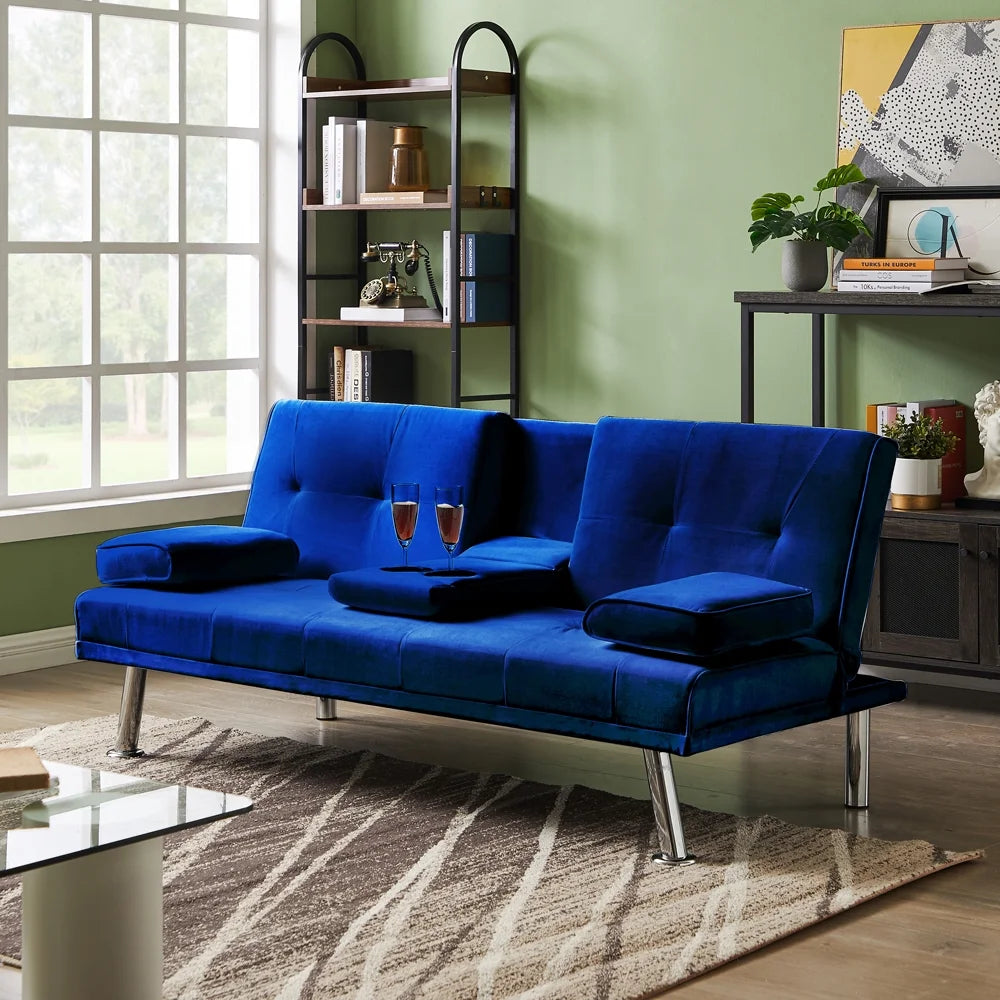 Blue Velvet Convertible Futon Sofa Bed with Cupholders W40486