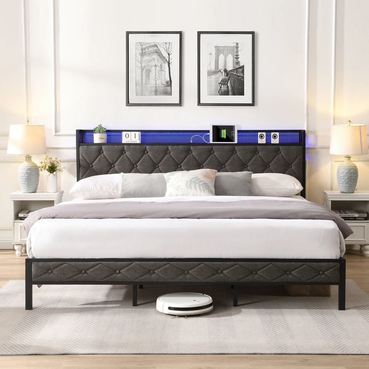Full Size Upholstered Platform Bed with Storage Headboard F436331
