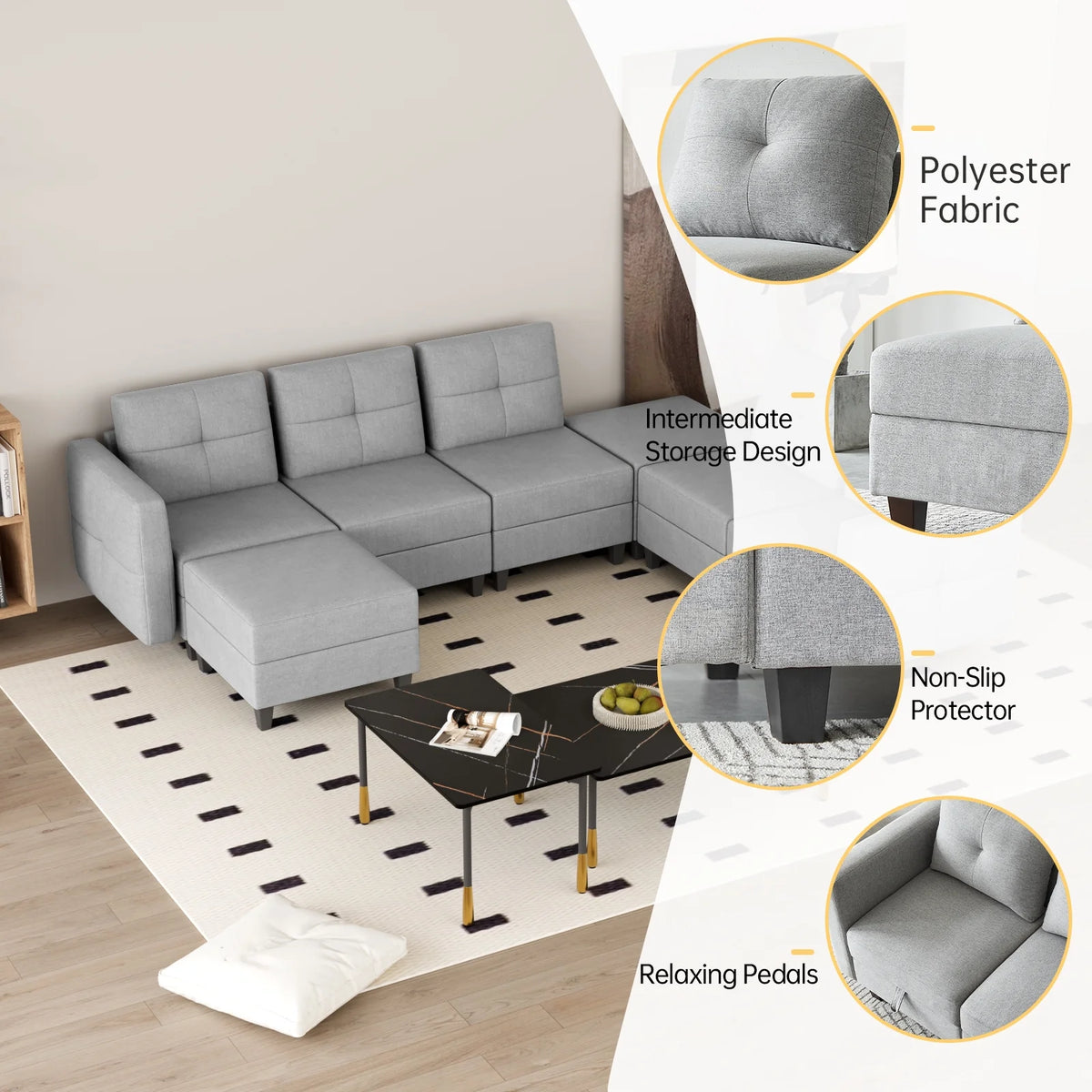 Gray Modular Sectional Sofa with Storage W160