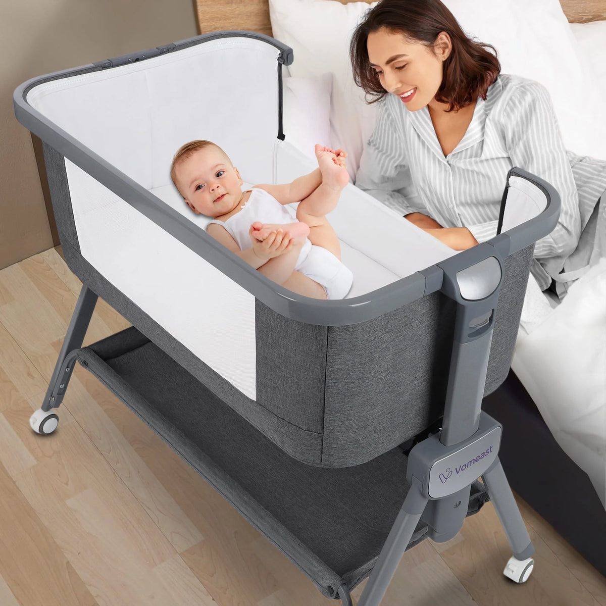 Baby Bassinet, Bedside Sleeper, Portable Crib, All Mesh - Grey B5592