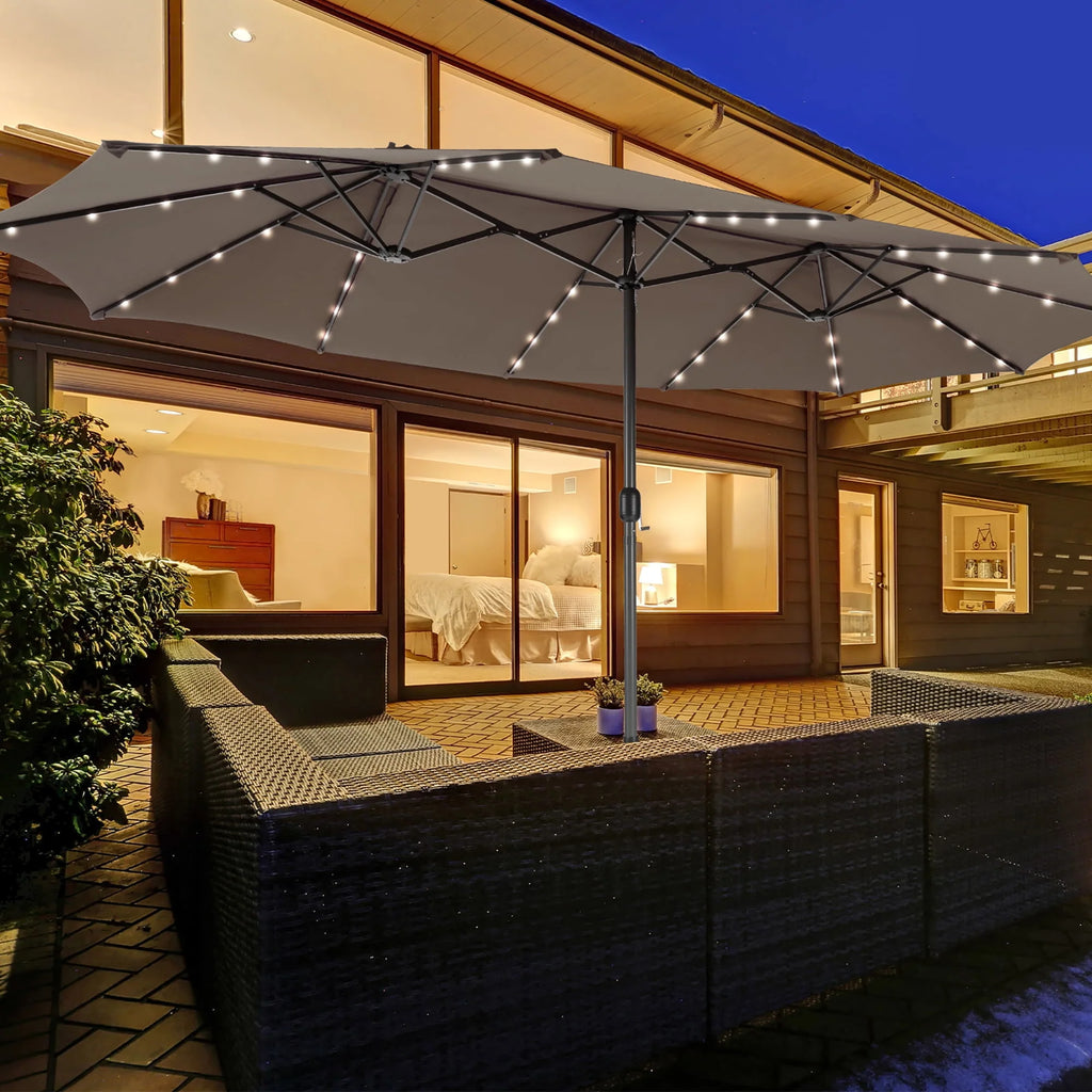 15FT Twin Patio Double-Sided Umbrella with 48 Solar LED Lights H207547