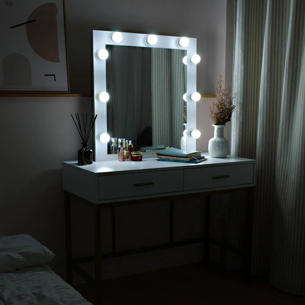 White Wooden Makeup Vanity with 9 LED Lights and 2 Drawers U412