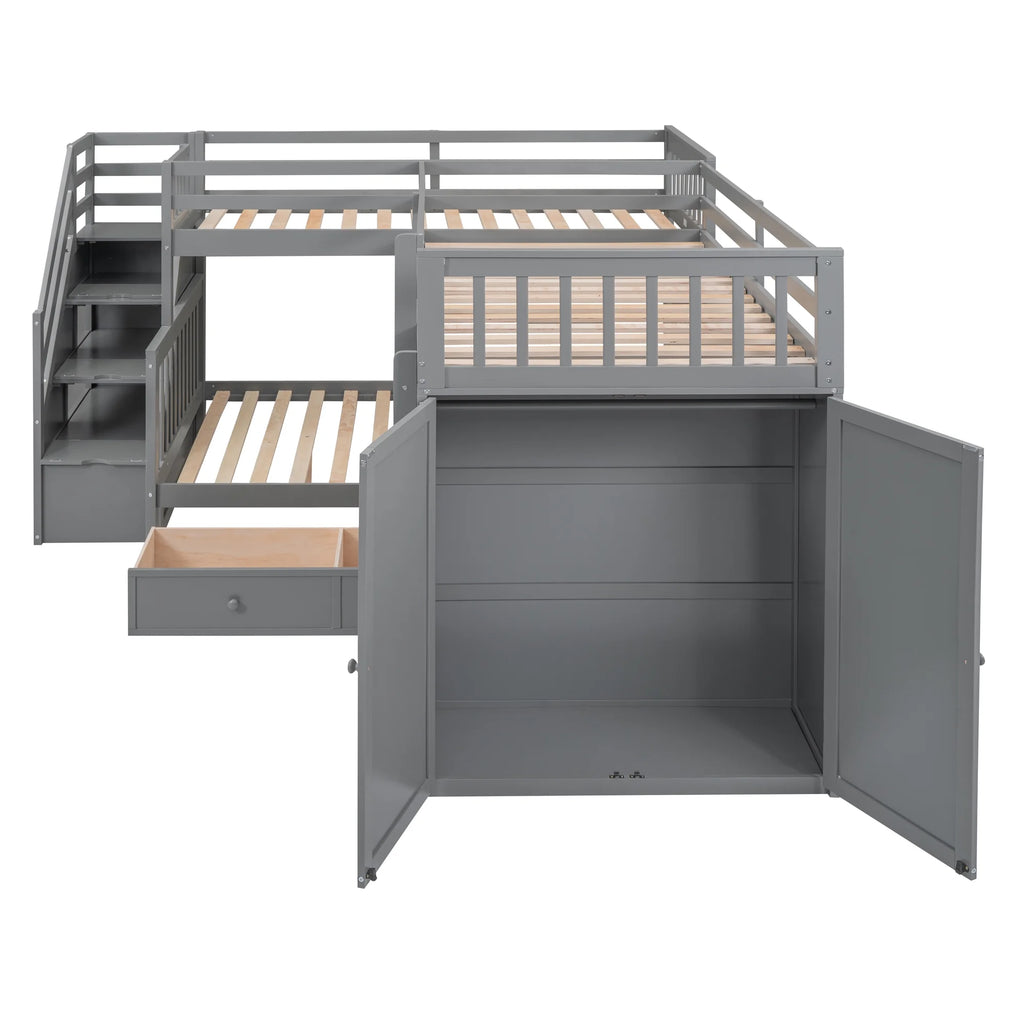 Twin-Twin Over Full L-Shaped Bunk Bed with Wardrobe and Desk J1258