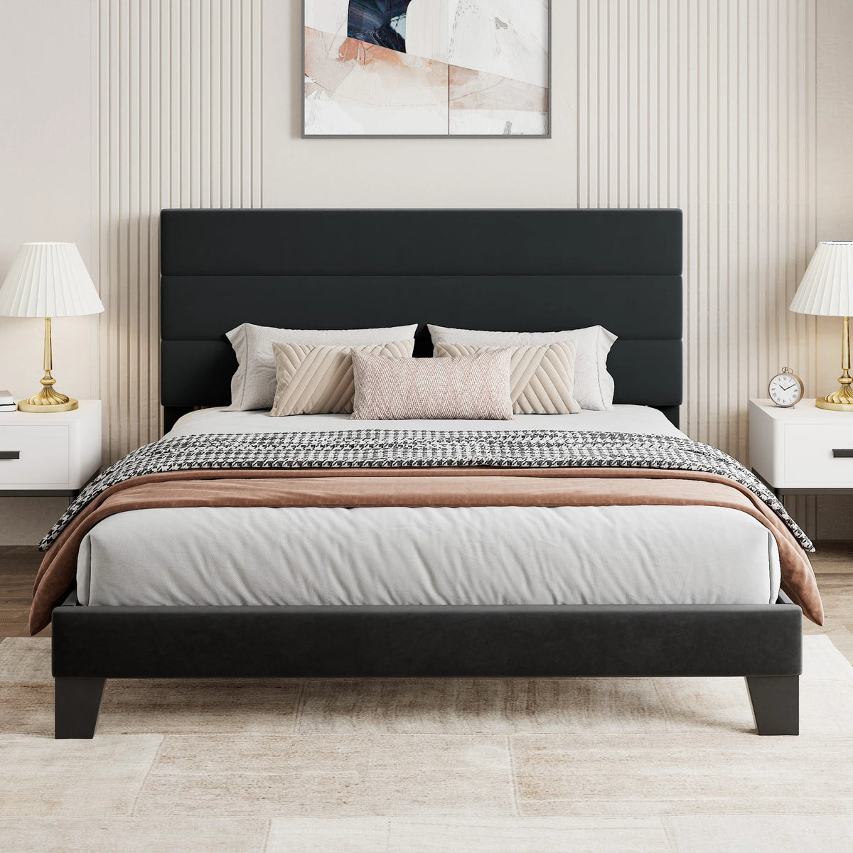 Full Size Platform Bed Frame with Upholstered Fabric Headboard W784872