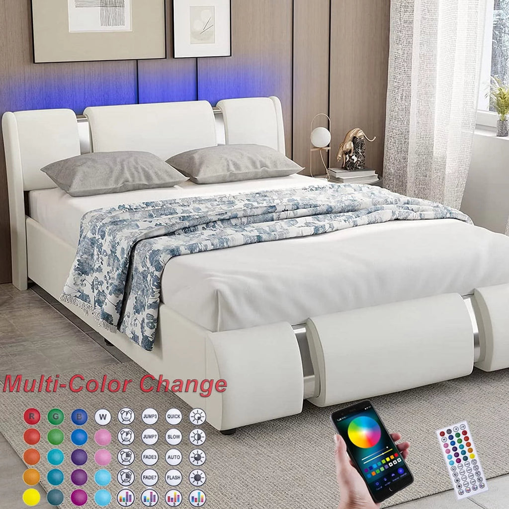 Faux Leather Full Size Platform Bed with LED Light and Adjustable Headboard P51347