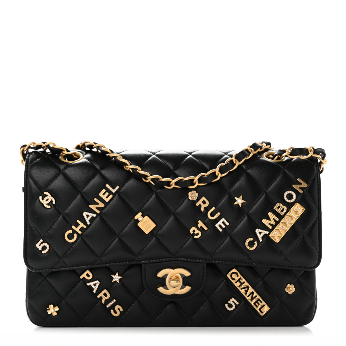 Quilted Lambskin Double Flap Black V88373