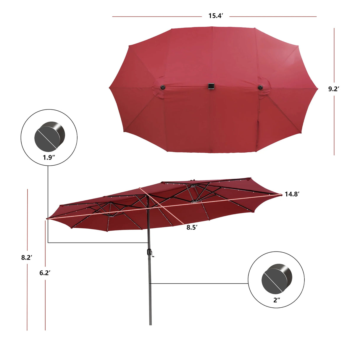 15FT Twin Patio Double-Sided Umbrella with 48 Solar LED Lights H207547