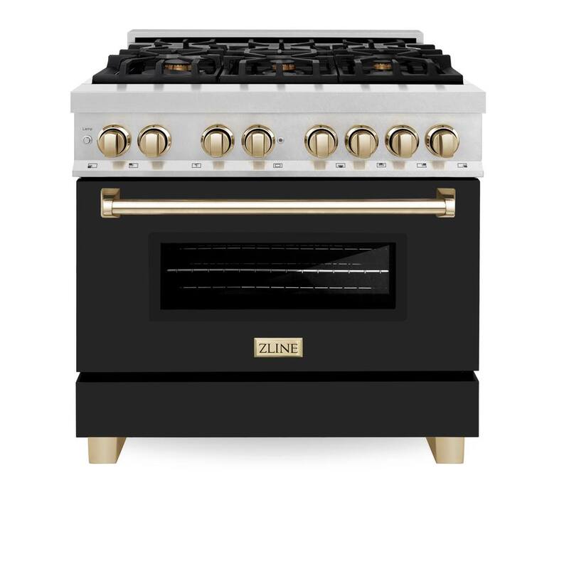 6-Burner Dual Fuel Range with Black Matte Door in Stainless Steel and Polished Gold U955