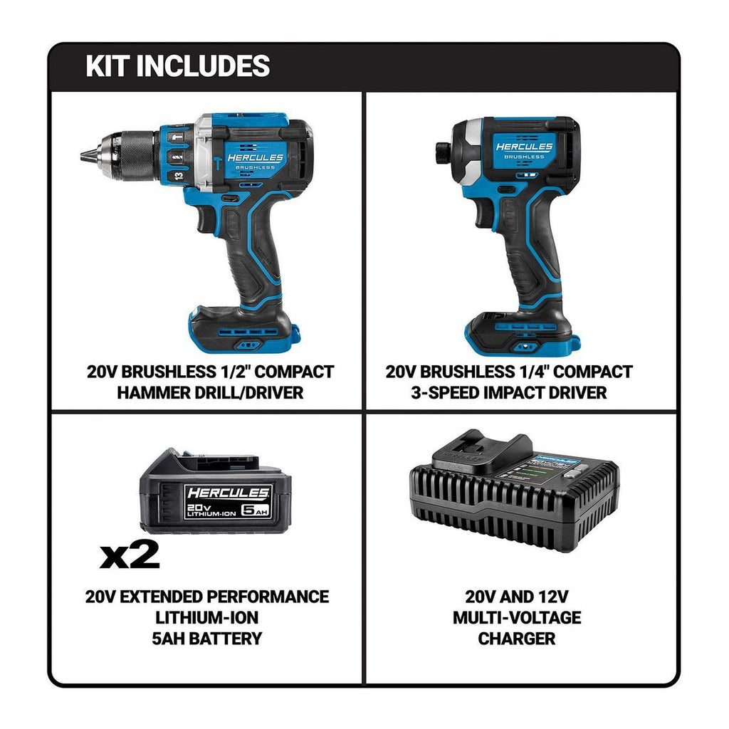 20V Brushless Cordless Hammer Drill and Impact Driver 2-Tool Combo Kit with 5 Ah Batteries and Charger F70072