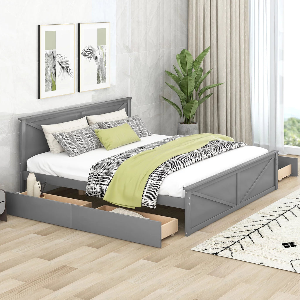 King Size Wooden Platform Bed with Storage Drawers A71975