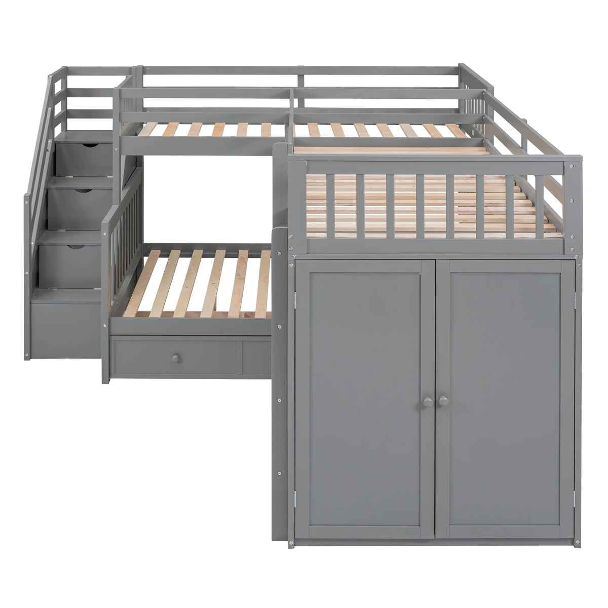 Twin-Twin Over Full L-Shaped Bunk Bed with Wardrobe and Desk J1258
