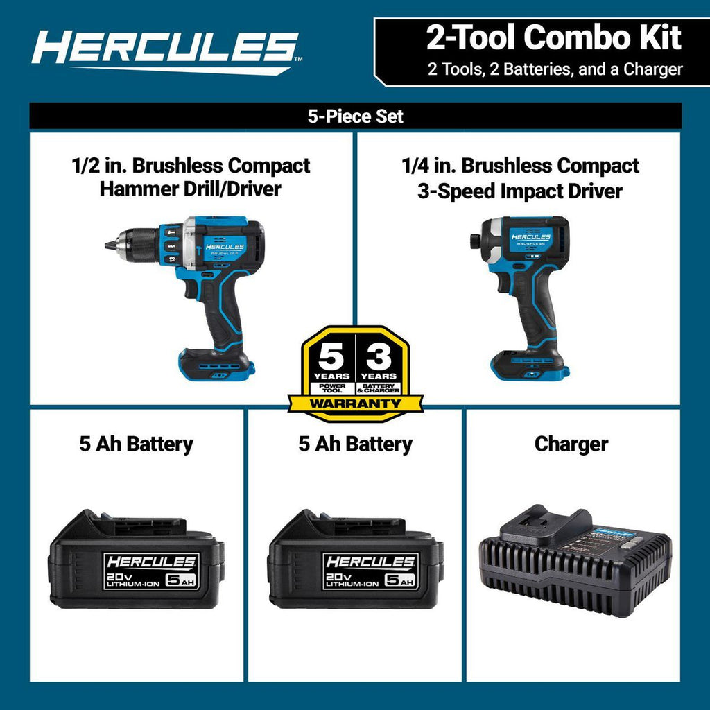 20V Brushless Cordless Hammer Drill and Impact Driver 2-Tool Combo Kit with 5 Ah Batteries and Charger F70072