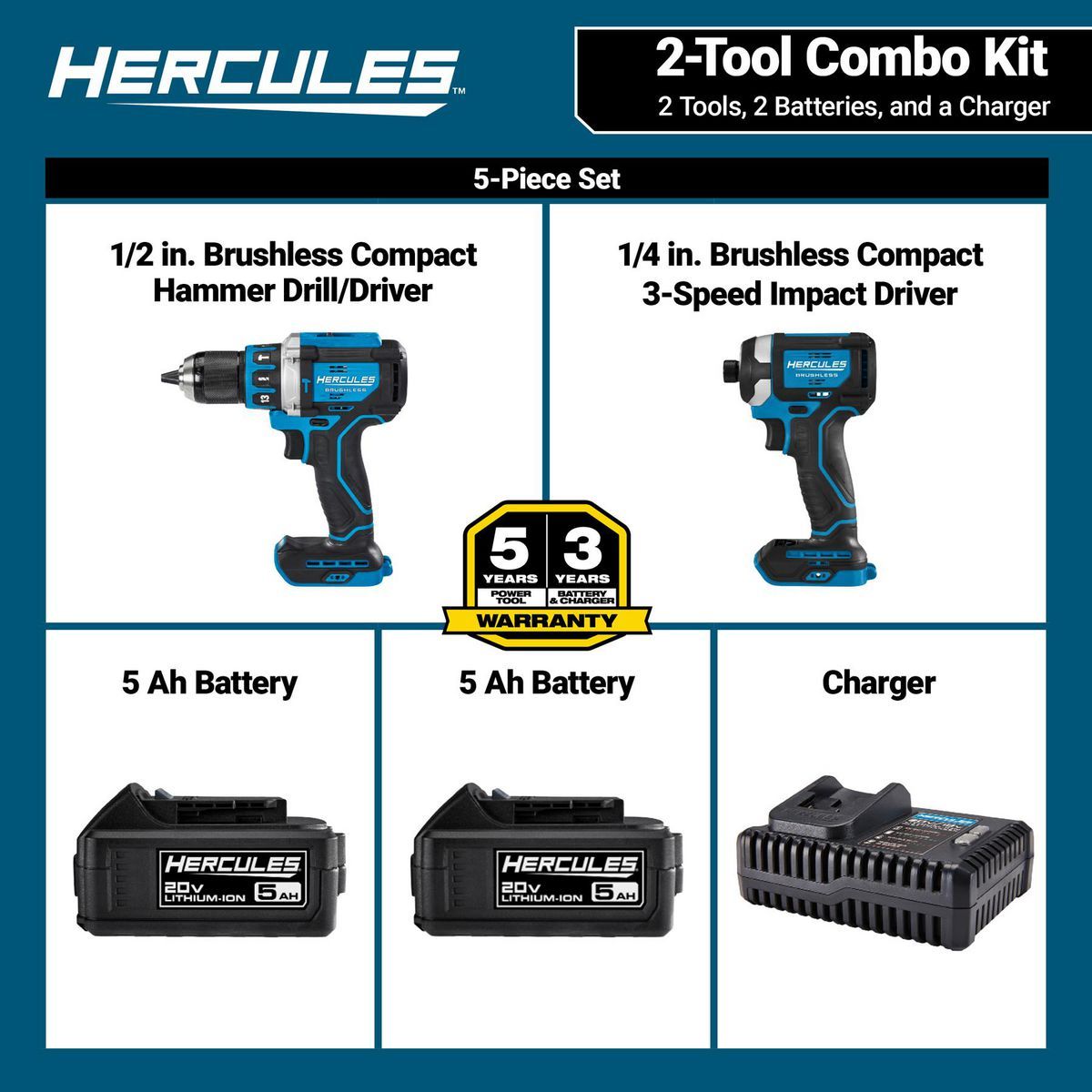 20V Brushless Cordless Hammer Drill and Impact Driver 2-Tool Combo Kit with 5 Ah Batteries and Charger F70072