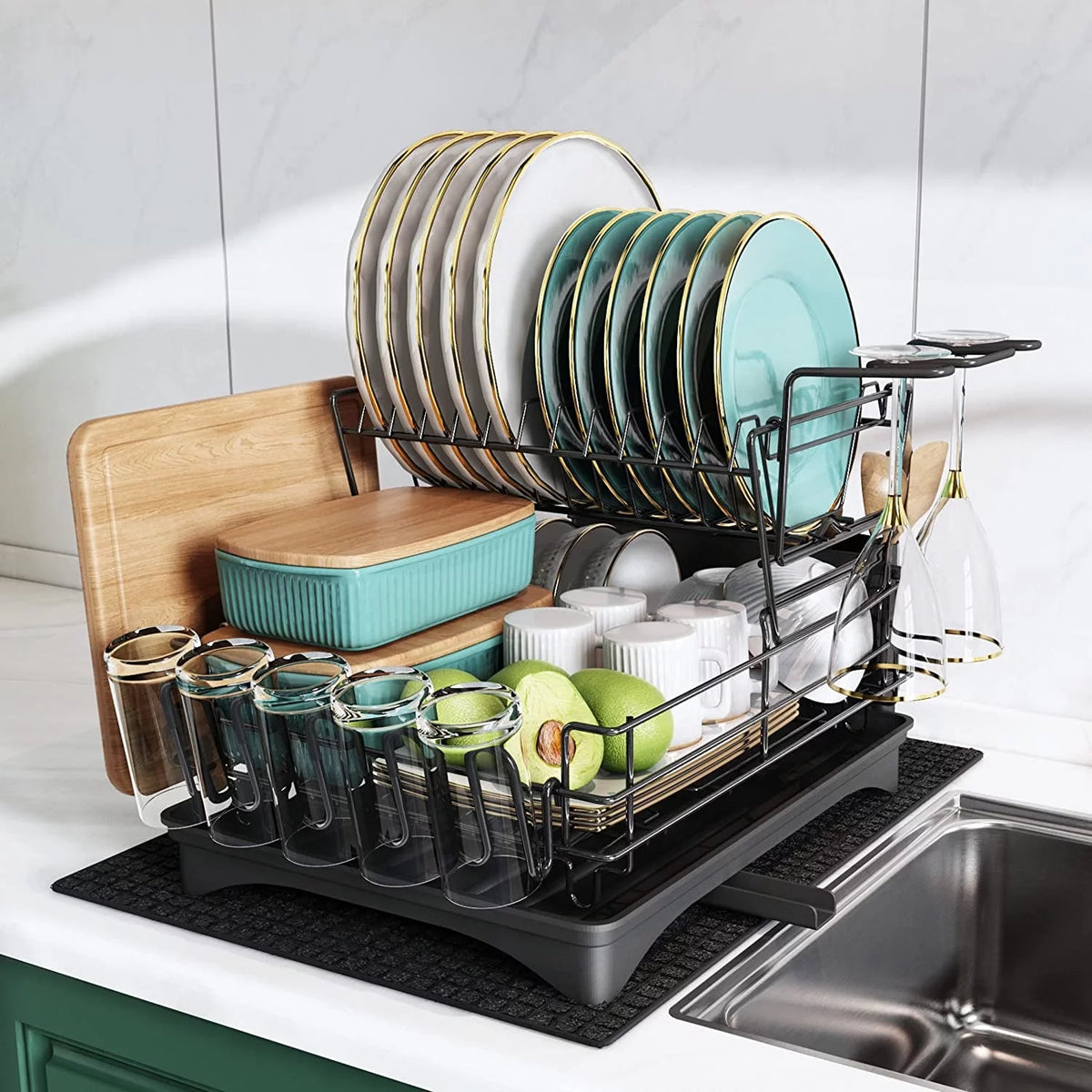 Large 2 Tier Black Dish Drying Rack with Drainboard Set I672493