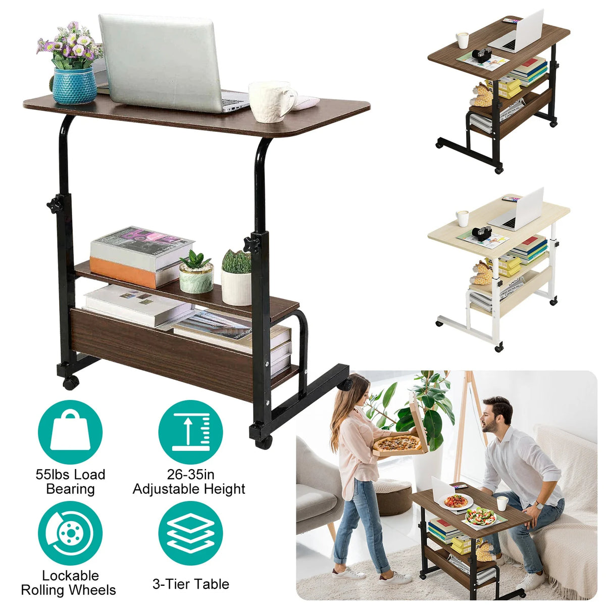 Height Adjustable Mobile Laptop Desk Cart with Lockable Wheels C29081