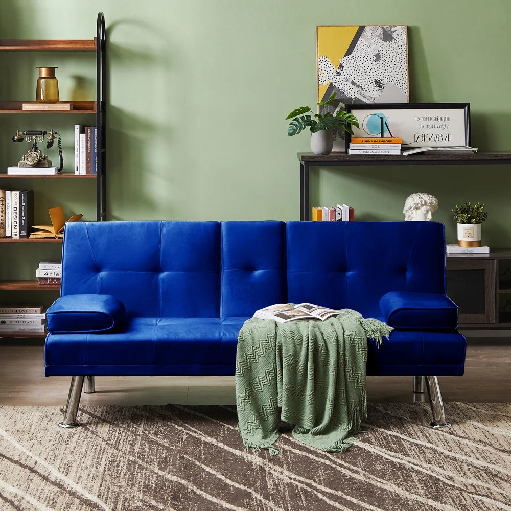 Blue Velvet Convertible Futon Sofa Bed with Cupholders W40486