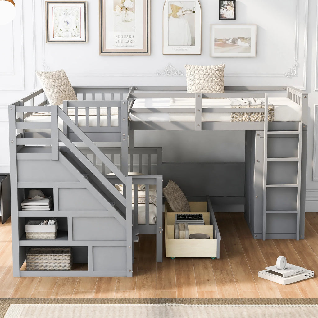 Twin-Twin Over Full L-Shaped Bunk Bed with Wardrobe and Desk J1258