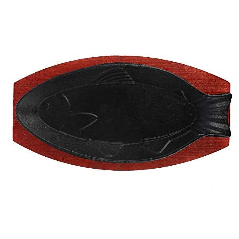 Cast Iron Fish Shaped Frying Pan with Wood Base J88949