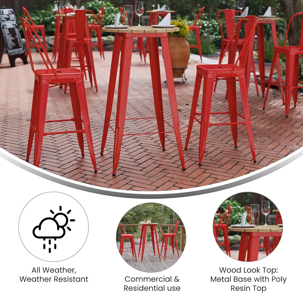 Indoor/Outdoor Bar Top Table Brown Resin Top Red Steel Base L5519