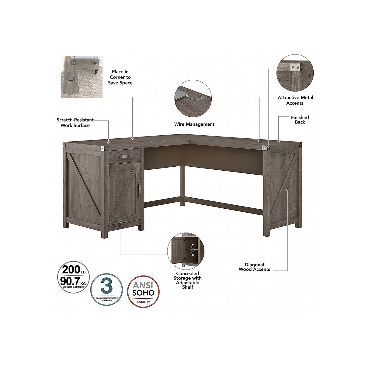 L Shaped Desk with Cabinet U8959