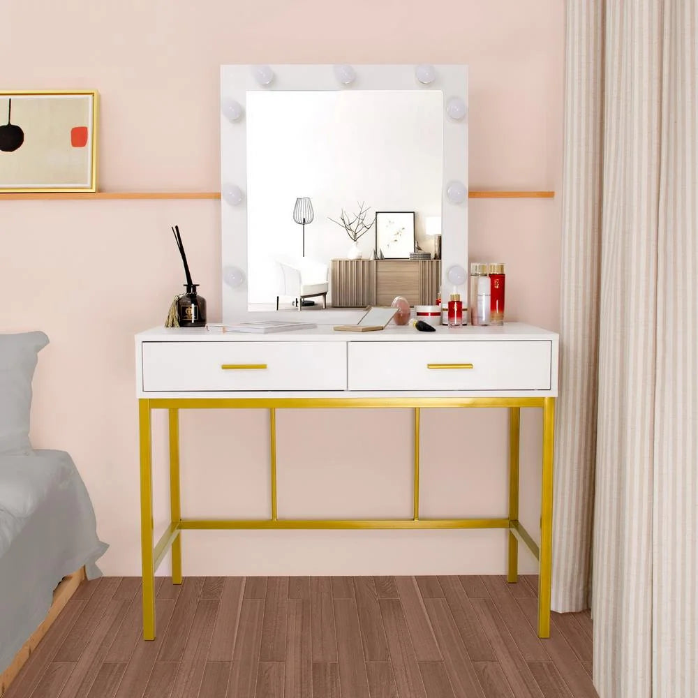White Wooden Makeup Vanity with 9 LED Lights and 2 Drawers U412