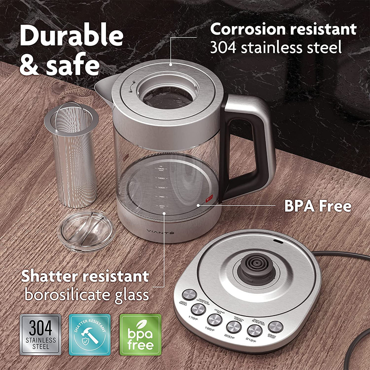 Electric Glass Kettle with Tea Infuser and Temperature Control R640